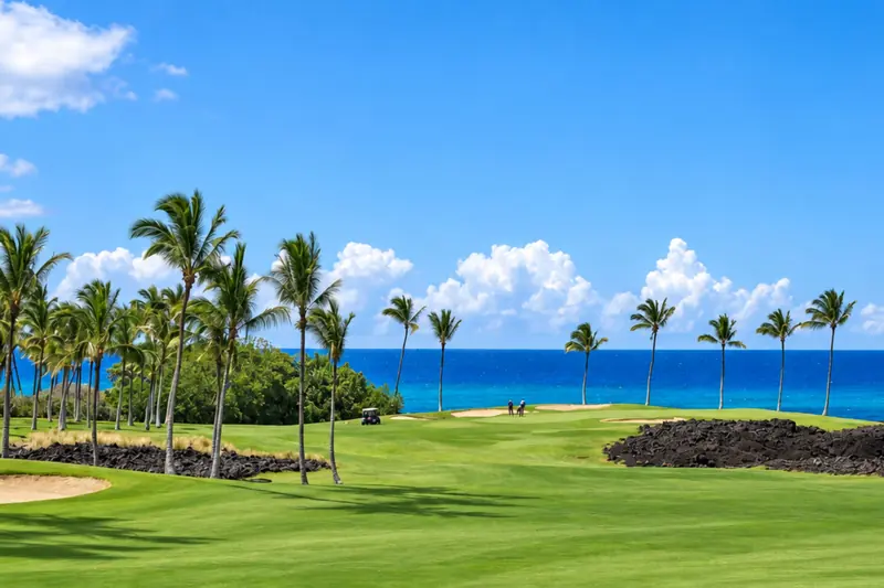 Ocean-view fairway lined with palm trees at Kolea in Waikoloa on the Big Island